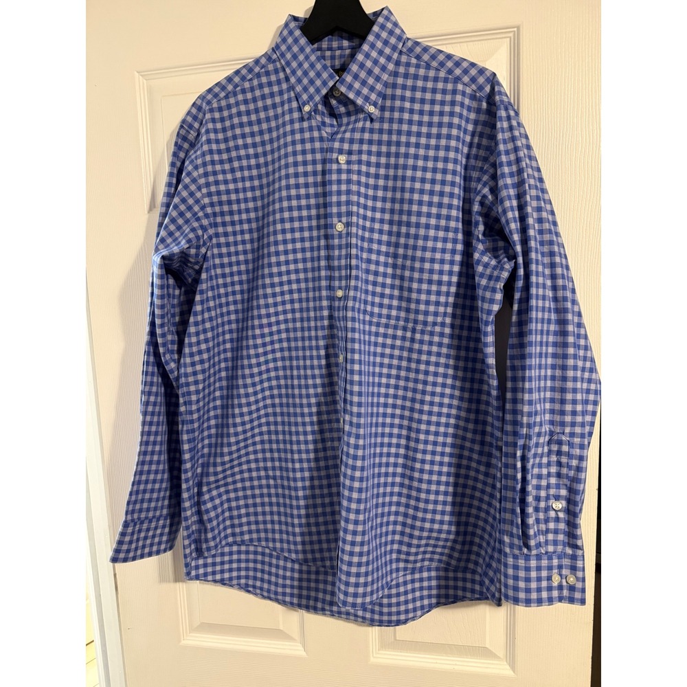 Club Room‎ Mens Blue Gingham Check Button Down Shirt 16 34/35 Regular Fit Cotton